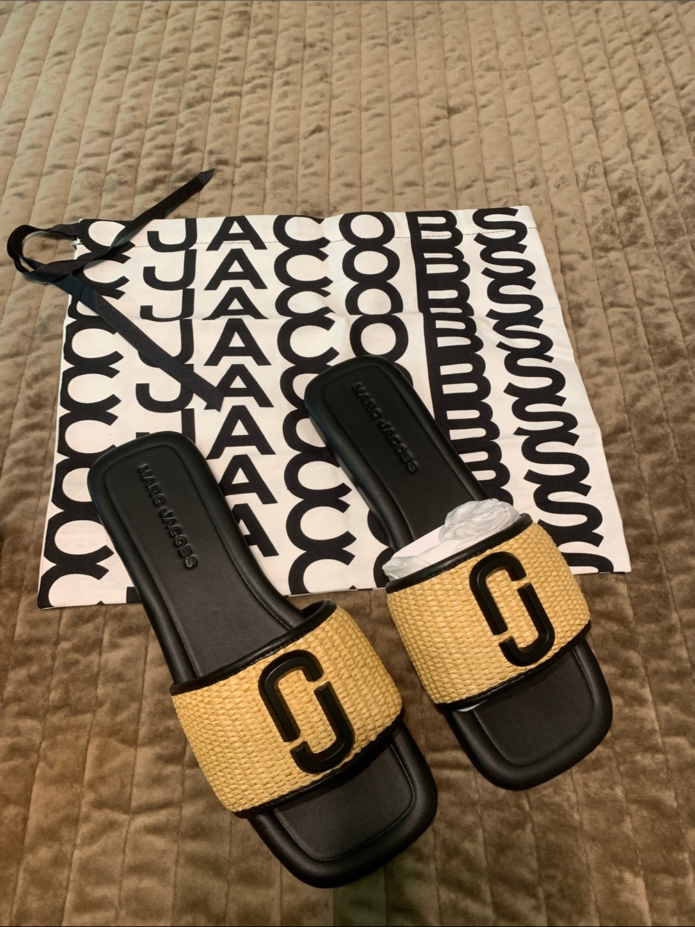 Marc Jacobs Black and Natural Raffia Logo Slide Sandals